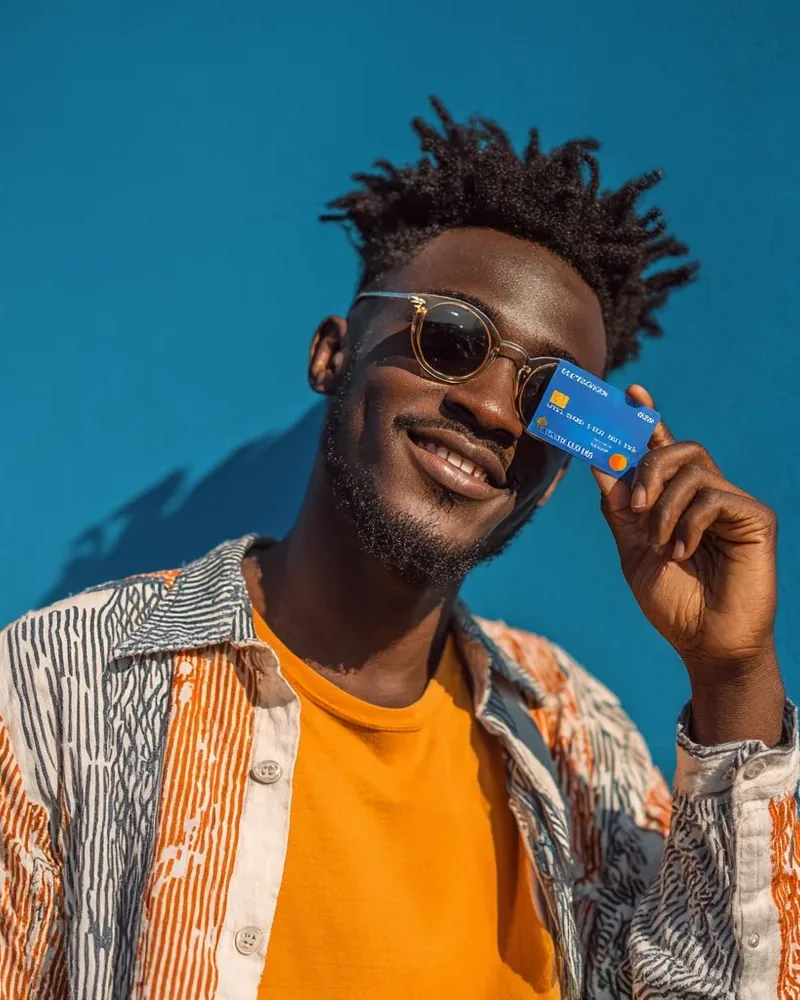 Happy Gerald member holding his fee-free cash advance card