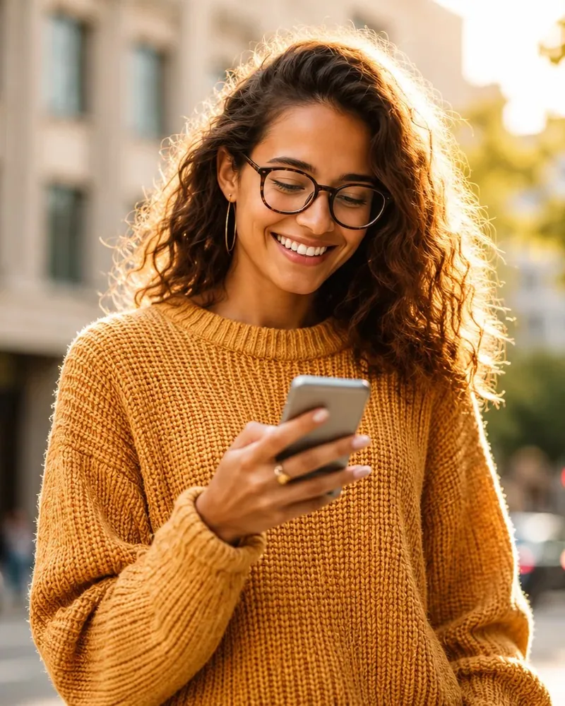 Smiling woman using the Gerald cash advance app on her phone