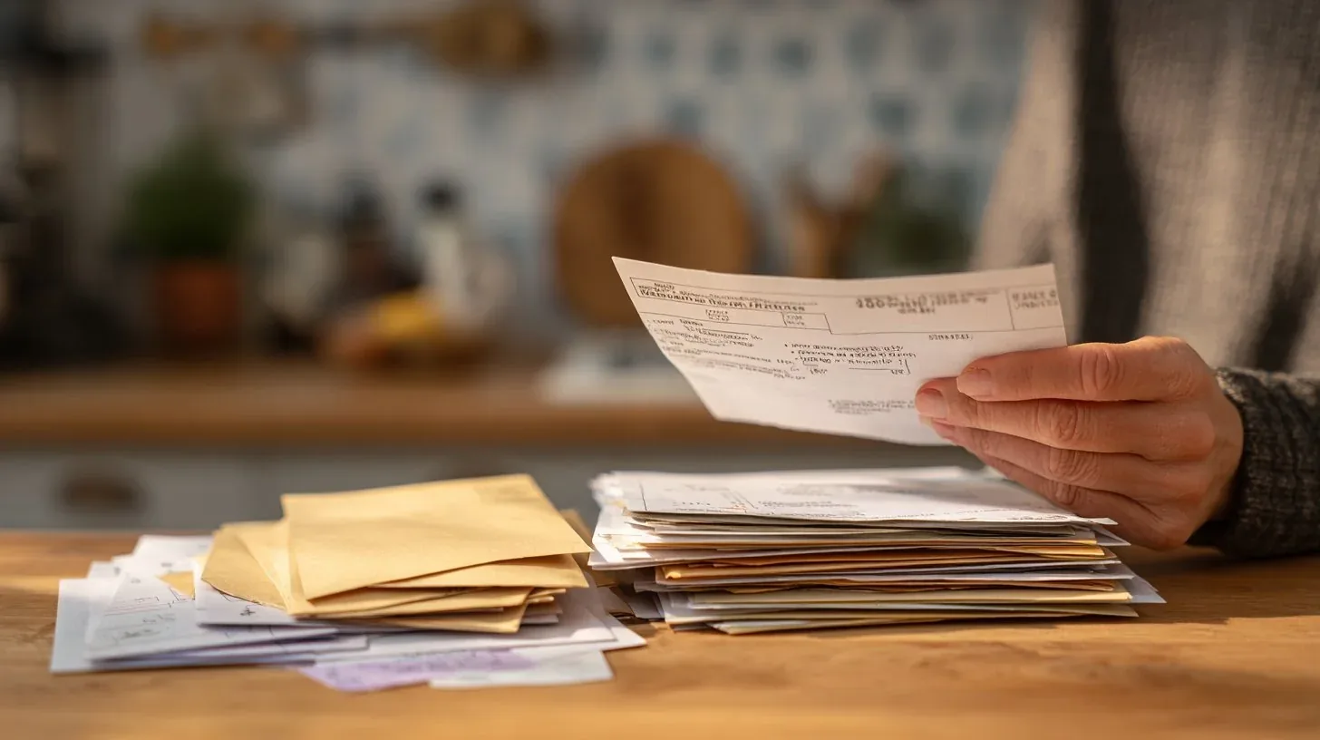 Hand holding a stack of utility bills and rent invoices at a kitchen table before payday