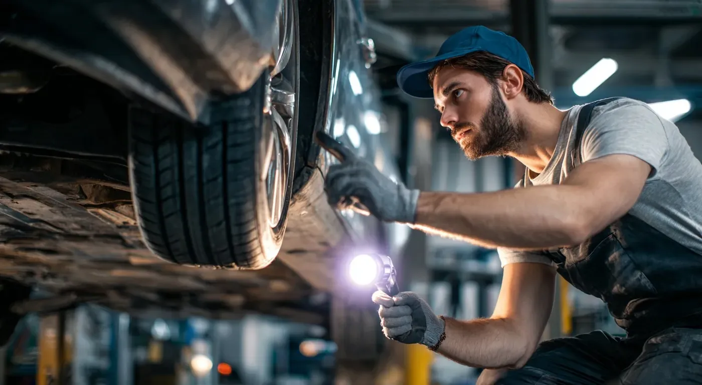 Mechanic inspecting a lifted car with a flashlight — an emergency repair covered by an instant cash advance
