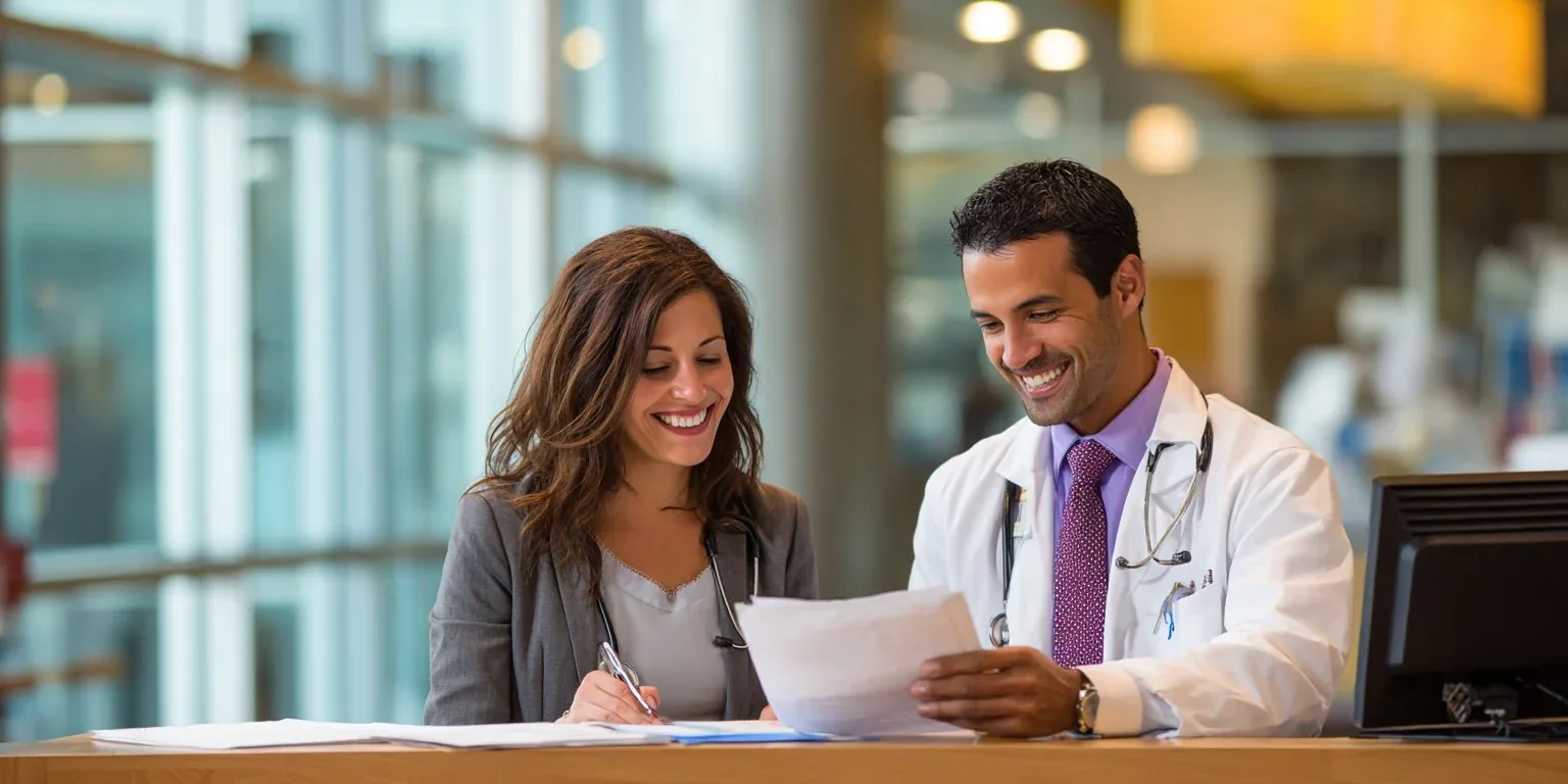 Doctor reviewing medical bills with a smiling patient at a clinic front desk